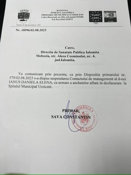 Suspendare Ianus Daniela - Manager Spital Urziceni