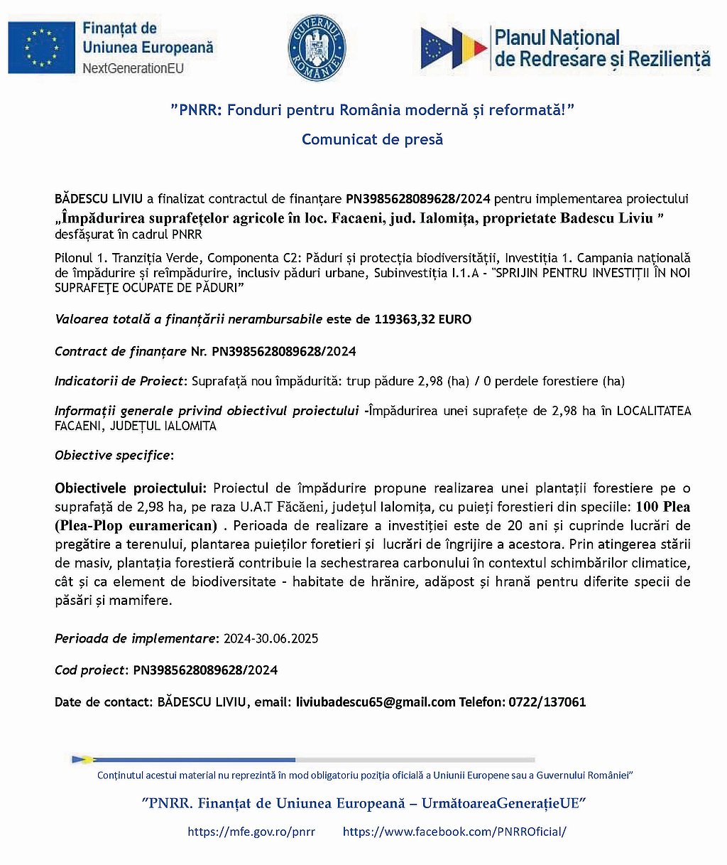 Anunt Presa Finalizare Proiect Badescu Liviu