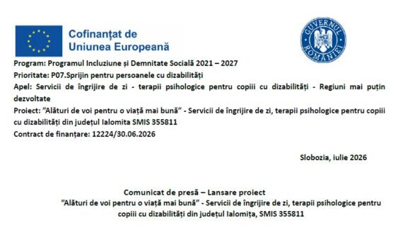 Comunicat De Presa - Lansare Proiect - Dgaspc Ialomita